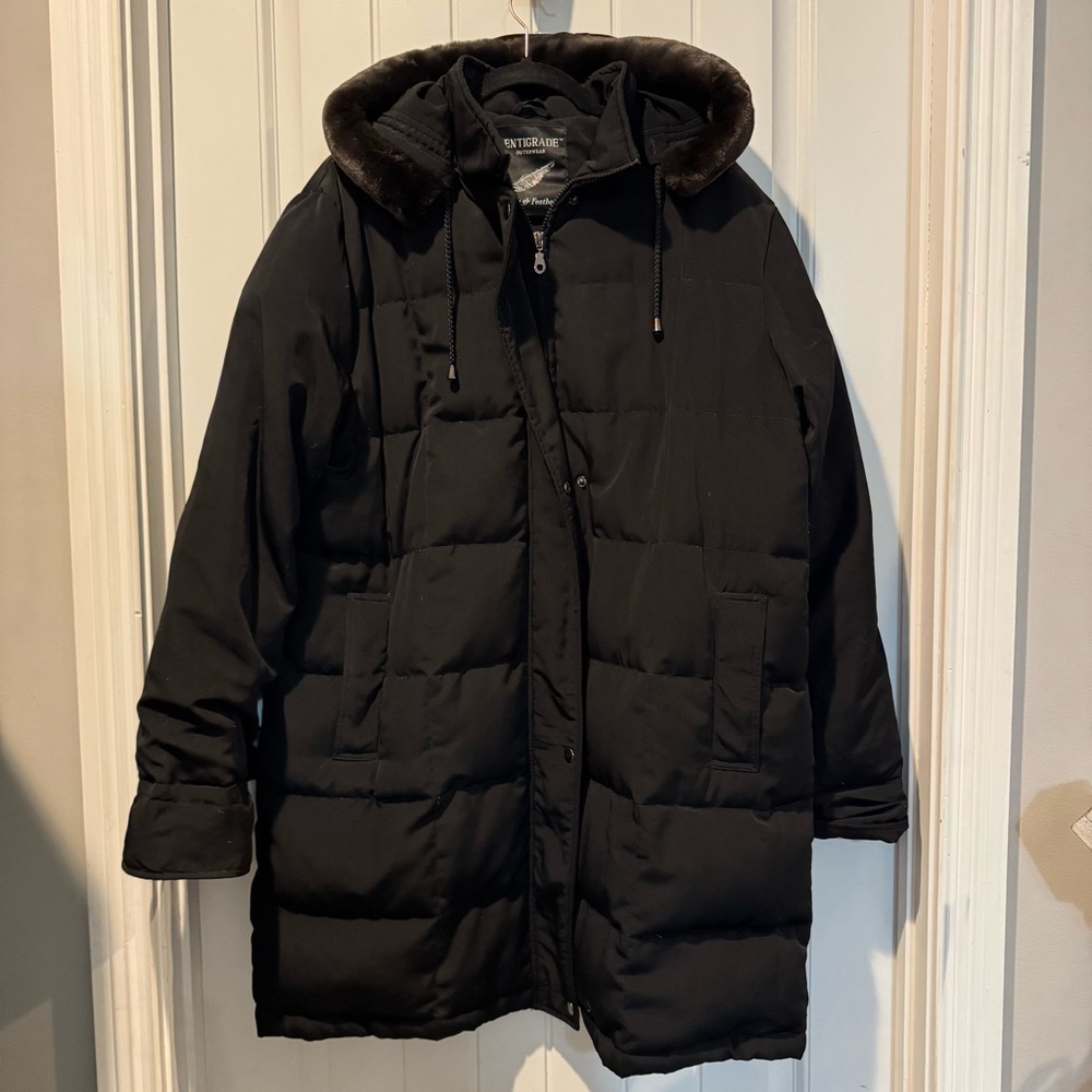 Women's Black Down Feathered Puffer Coat with Faux Fur Hood